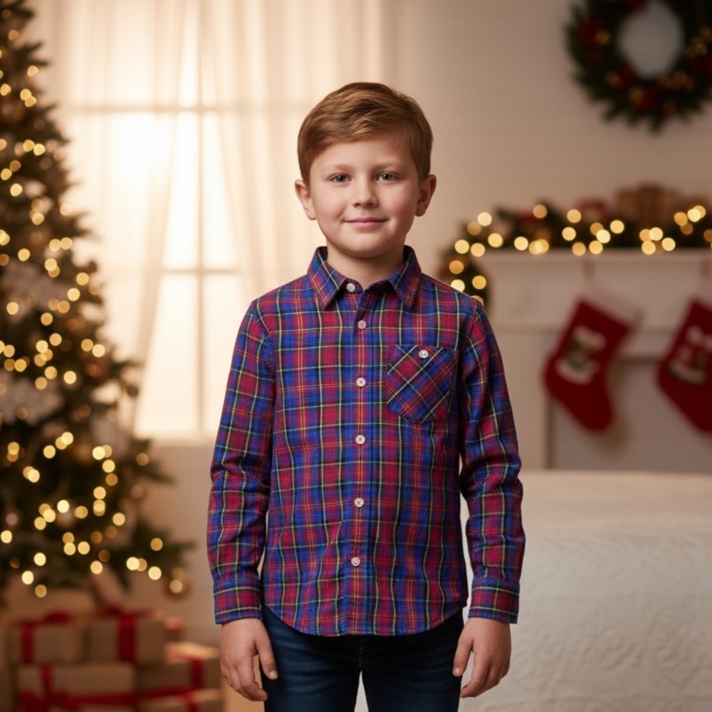 Janie and Jack Boys Red Blue Plaid Button-Down Shirt – Size 4